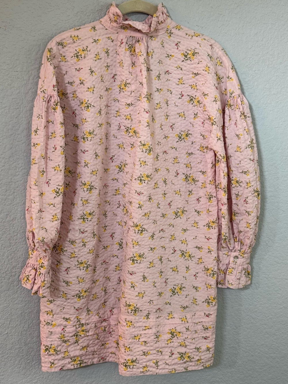 Zara Pink Ditsy Floral Ruffle High Neck Long Sleeve Mini Dress S